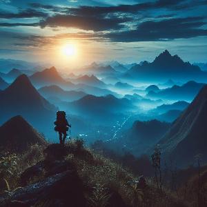 backpacker hiking up a mountain at sunset-5